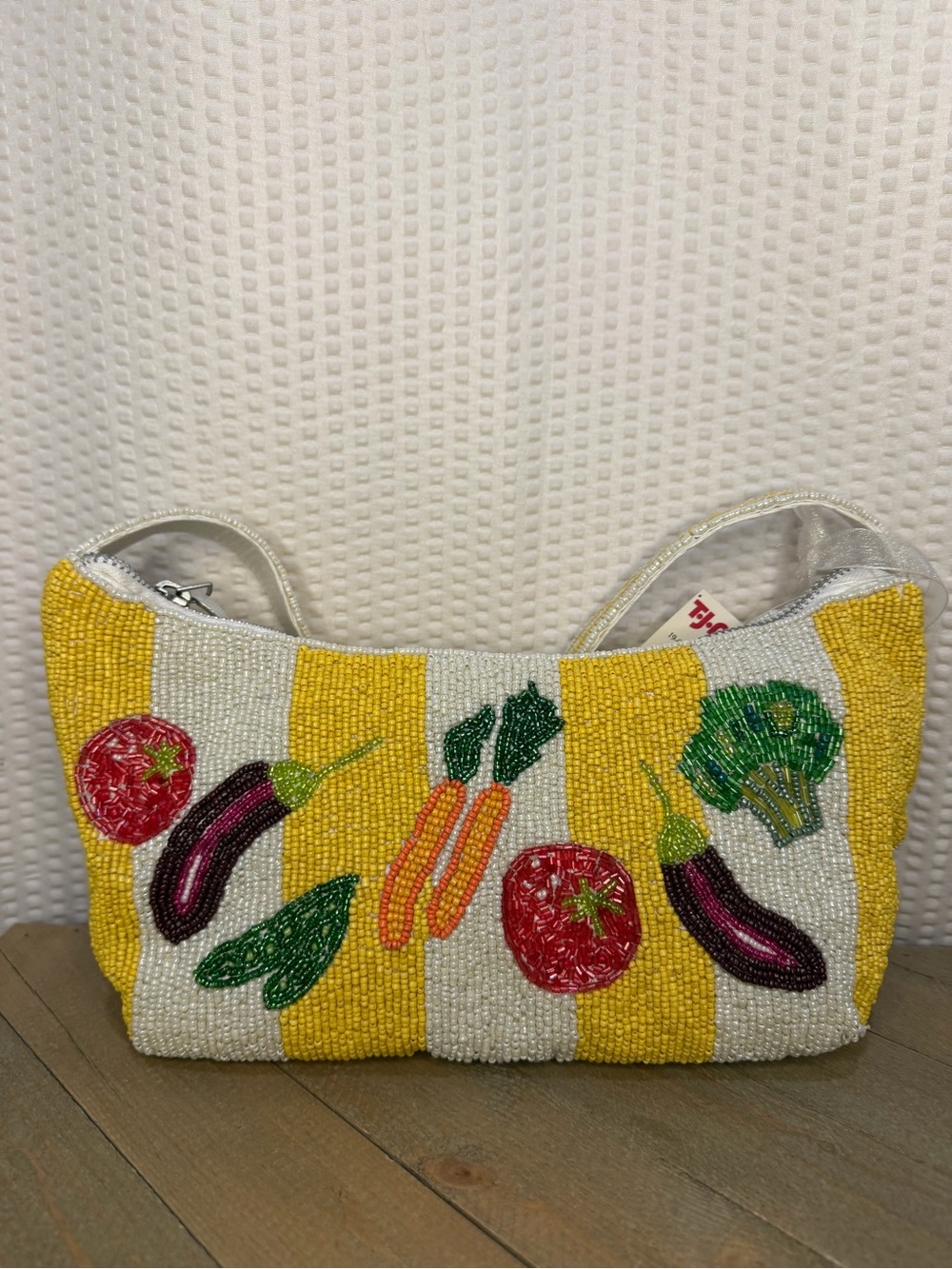 Viral Beaded Yellow & White Striped Vegetable Bag With Tomato Bag Charm!!